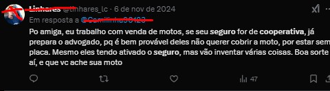 print do twitter avisando que uma seguradora não costuma a pagar motos