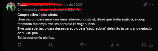 print do twitter falando que uma cooperativa nao pagou o retorvisor dele